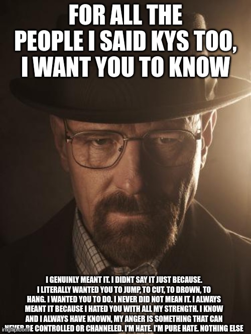 Walter White | FOR ALL THE PEOPLE I SAID KYS TOO, I WANT YOU TO KNOW; I GENUINLY MEANT IT. I DIDNT SAY IT JUST BECAUSE. I LITERALLY WANTED YOU TO JUMP, TO CUT, TO DROWN, TO HANG. I WANTED YOU TO DO. I NEVER DID NOT MEAN IT. I ALWAYS MEANT IT BECAUSE I HATED YOU WITH ALL MY STRENGTH. I KNOW AND I ALWAYS HAVE KNOWN, MY ANGER IS SOMETHING THAT CAN NEVER BE CONTROLLED OR CHANNELED. I'M HATE. I'M PURE HATE. NOTHING ELSE | image tagged in walter white | made w/ Imgflip meme maker