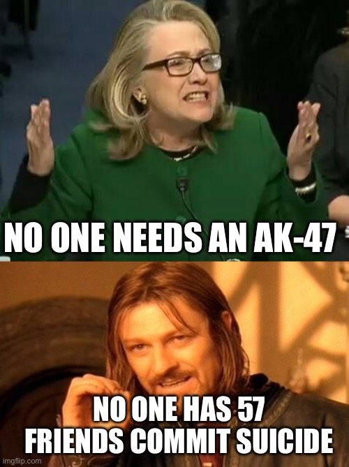 NO ONE NEEDS AN AK-47; NO ONE HAS 57 FRIENDS COMMIT SUICIDE | image tagged in hillary what difference does it make,memes,one does not simply | made w/ Imgflip meme maker
