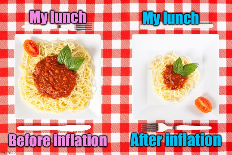 Portions | My lunch; My lunch; Before inflation; After inflation | image tagged in inflation,same meal,different size,before and after,rise in inflation | made w/ Imgflip meme maker