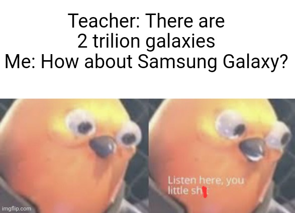 Confirm title and tags | Teacher: There are 2 trilion galaxies
Me: How about Samsung Galaxy? | image tagged in blank white template,listen here you little shit bird,teacher,memes,funny,front page | made w/ Imgflip meme maker