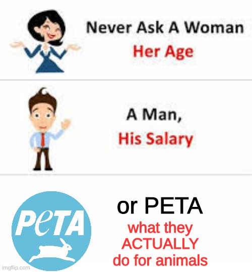 Nothing IRL basically | or PETA; what they ACTUALLY
do for animals | image tagged in never ask a woman her age,peta | made w/ Imgflip meme maker