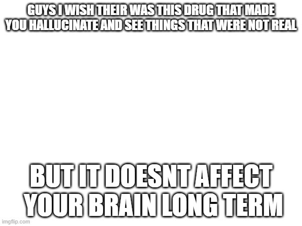 GUYS I WISH THEIR WAS THIS DRUG THAT MADE YOU HALLUCINATE AND SEE THINGS THAT WERE NOT REAL; BUT IT DOESNT AFFECT  YOUR BRAIN LONG TERM | made w/ Imgflip meme maker