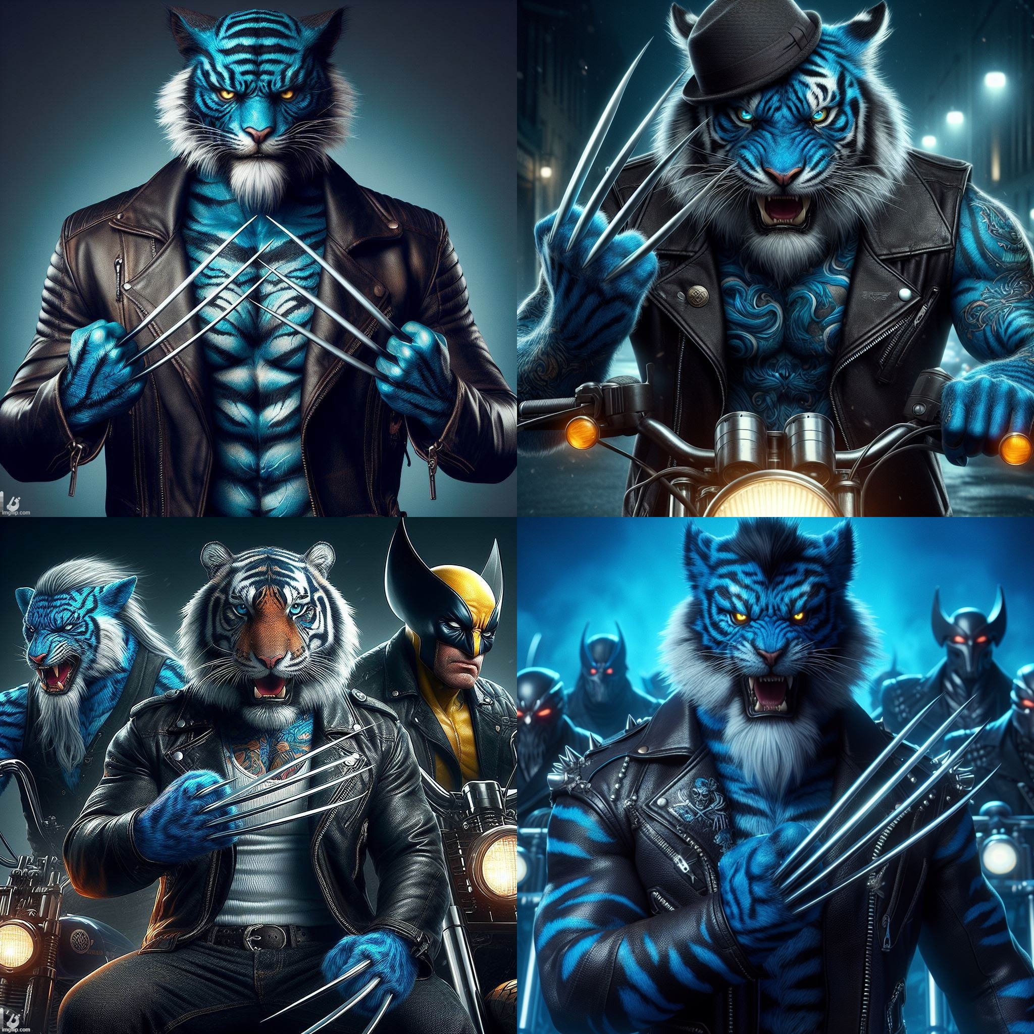 AI Bing: Blue Tiger Wolverine Hybrid in a Biker gang. I meant the animal, but AI thought I meant the superhero. Oh well. | image tagged in wolverine,tiger,ai generated,bikers,hybrid,blue | made w/ Imgflip meme maker