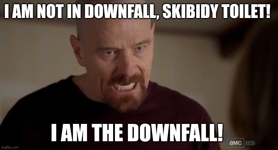 I am not in downfall skibidy toilet I am the downfall | I AM NOT IN DOWNFALL, SKIBIDY TOILET! I AM THE DOWNFALL! | image tagged in i am the one who knocks | made w/ Imgflip meme maker