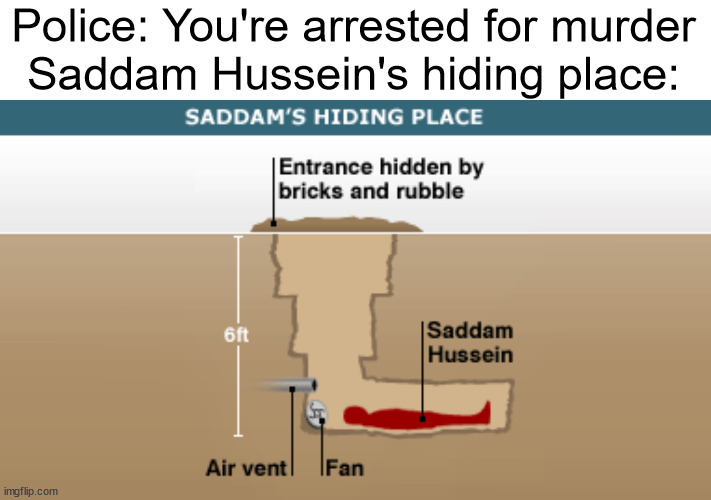 Saddam's Hiding Place | Police: You're arrested for murder
Saddam Hussein's hiding place: | image tagged in saddam's hiding place | made w/ Imgflip meme maker