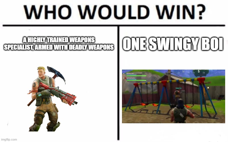 Your Account Has Been Banned | A HIGHLY TRAINED WEAPONS SPECIALIST, ARMED WITH DEADLY WEAPONS; ONE SWINGY BOI | image tagged in memes,who would win,gaming,fortnite memes,fortnite,funny | made w/ Imgflip meme maker