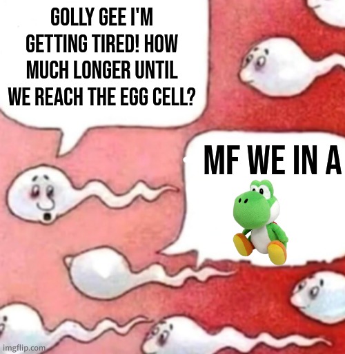 stupid shitpost | GOLLY GEE I'M GETTING TIRED! HOW MUCH LONGER UNTIL WE REACH THE EGG CELL? MF WE IN A | made w/ Imgflip meme maker