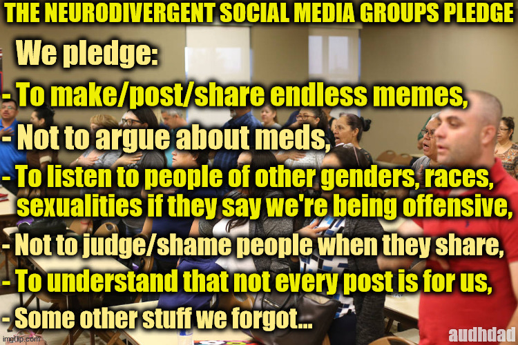 The Neurodivergent Social Media Groups Pledge | THE NEURODIVERGENT SOCIAL MEDIA GROUPS PLEDGE; We pledge:; - To make/post/share endless memes, - Not to argue about meds, - To listen to people of other genders, races, 
   sexualities if they say we're being offensive, - Not to judge/shame people when they share, - To understand that not every post is for us, - Some other stuff we forgot... audhdad | image tagged in memes,pledge,social media,groups,neurodivergent,conduct | made w/ Imgflip meme maker