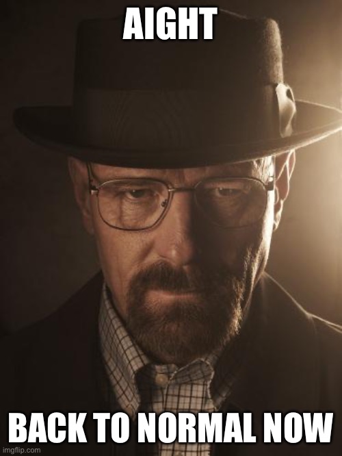 Walter White | AIGHT; BACK TO NORMAL NOW | image tagged in walter white | made w/ Imgflip meme maker