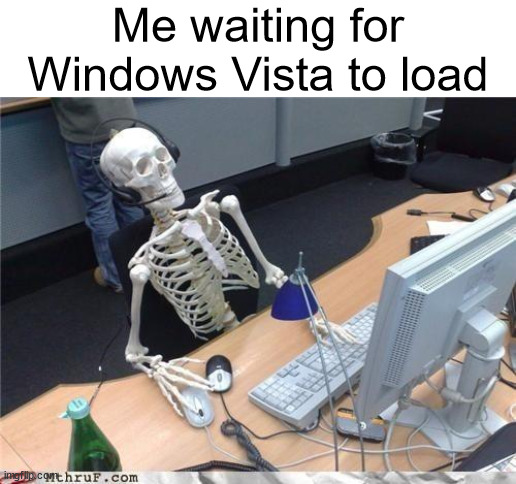 windows vista | Me waiting for Windows Vista to load | image tagged in waiting skeleton,windows,windows vista,vista,loading cat,computer | made w/ Imgflip meme maker