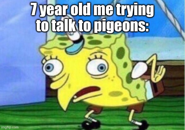 Self-appointed bird whisperer | 7 year old me trying to talk to pigeons: | image tagged in memes,mocking spongebob | made w/ Imgflip meme maker