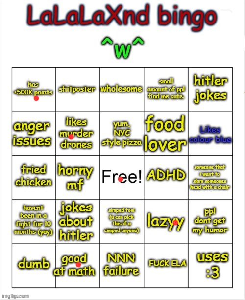 LaLaLaXnd bingo (updated) | image tagged in lalalaxnd bingo updated | made w/ Imgflip meme maker