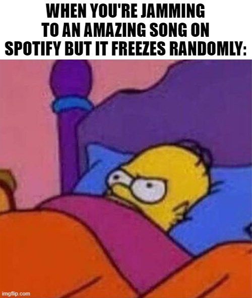 Happens all the time with me. | WHEN YOU'RE JAMMING TO AN AMAZING SONG ON SPOTIFY BUT IT FREEZES RANDOMLY: | image tagged in angry homer simpson in bed,spotify,music,memes | made w/ Imgflip meme maker