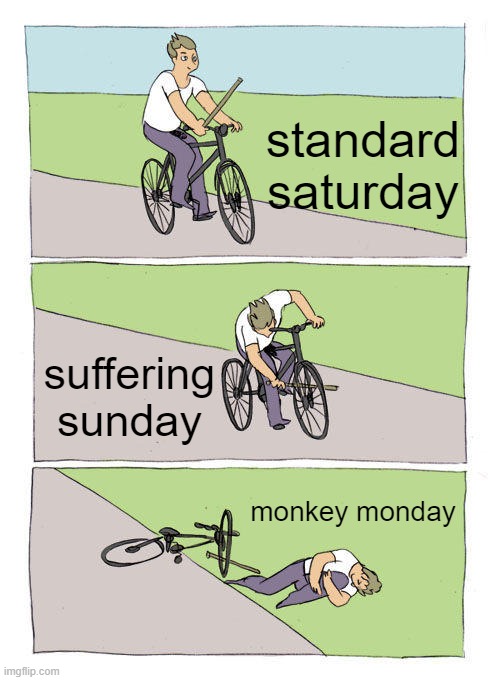 The weekday be like: | standard saturday; suffering sunday; monkey monday | image tagged in memes,bike fall | made w/ Imgflip meme maker