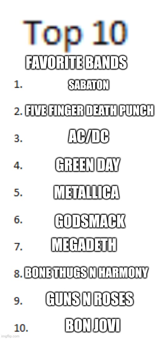 Top 10 List | FAVORITE BANDS; SABATON; FIVE FINGER DEATH PUNCH; AC/DC; GREEN DAY; METALLICA; GODSMACK; MEGADETH; BONE THUGS N HARMONY; GUNS N ROSES; BON JOVI | image tagged in top 10 list | made w/ Imgflip meme maker