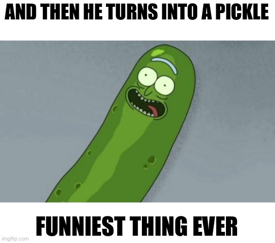 Pickle rick | AND THEN HE TURNS INTO A PICKLE; FUNNIEST THING EVER | image tagged in pickle rick | made w/ Imgflip meme maker