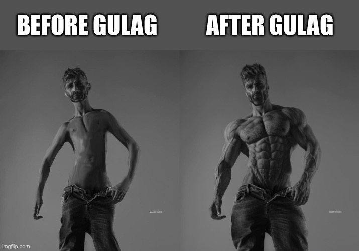 Weak gigachad vs strong gigachad comparison | BEFORE GULAG; AFTER GULAG | image tagged in weak gigachad vs strong gigachad comparison,gulag,russia,soviet union,memes,shitpost | made w/ Imgflip meme maker