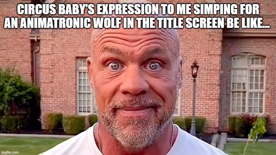 Kurt Angle Stare | CIRCUS BABY'S EXPRESSION TO ME SIMPING FOR AN ANIMATRONIC WOLF IN THE TITLE SCREEN BE LIKE... | image tagged in kurt angle stare | made w/ Imgflip meme maker