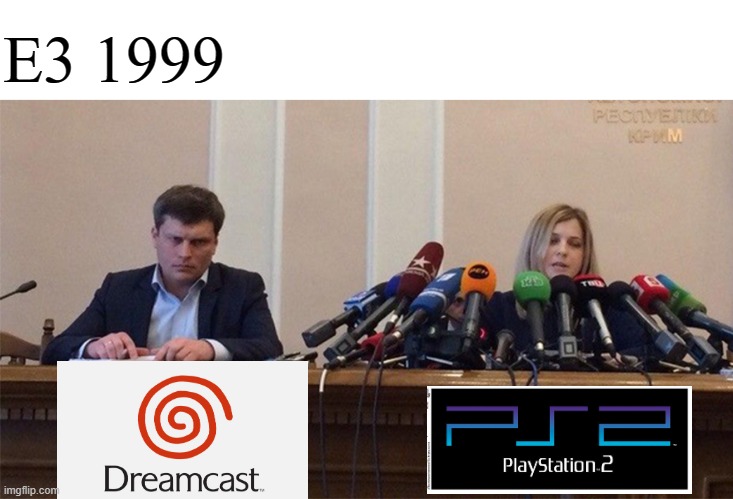 E3 '99 be like...(A DVD player was the one thing Sega needed.) | E3 1999 | image tagged in man and woman microphone,dreamcast,ps2,1990's,sega,playstation | made w/ Imgflip meme maker