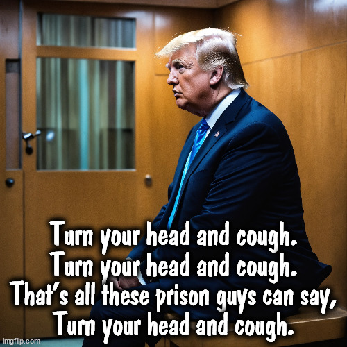 Turn your head and cough.
Turn your head and cough. That's all these prison guys can say,
Turn your head and cough. | image tagged in trump,prison,jail,medical,exam | made w/ Imgflip meme maker