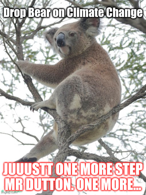 Drop Bear Aust | Drop Bear on Climate Change; JUUUSTT ONE MORE STEP MR DUTTON. ONE MORE... | image tagged in drop bear,dutton,climate change | made w/ Imgflip meme maker