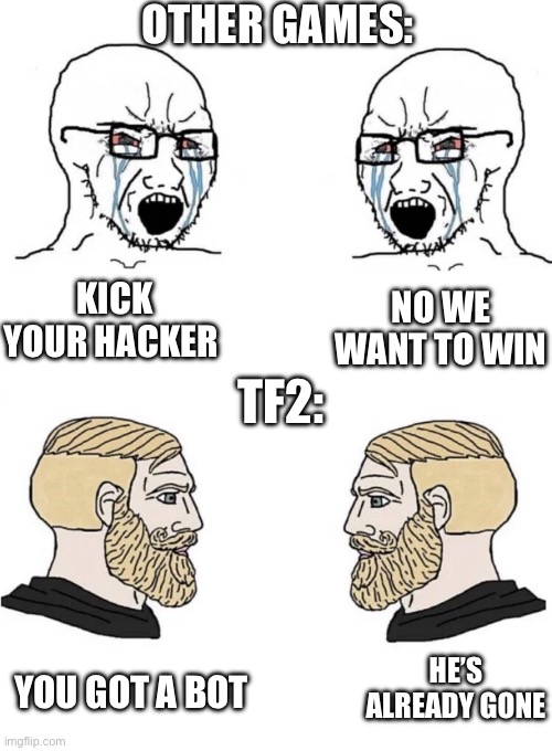 Chad Yes Meme | OTHER GAMES:; TF2:; NO WE WANT TO WIN; KICK YOUR HACKER; HE’S ALREADY GONE; YOU GOT A BOT | image tagged in chad yes meme | made w/ Imgflip meme maker
