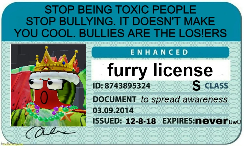 STOP BULLYING INNOCENT PEOPLE! | STOP BEING TOXIC PEOPLE STOP BULLYING. IT DOESN'T MAKE YOU COOL. BULLIES ARE THE LOS!ERS; furry license; S; to spread awareness; UwU | image tagged in furry hunting license | made w/ Imgflip meme maker