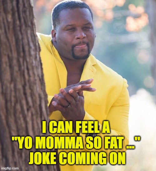 Black guy hiding behind tree | I CAN FEEL A 
"YO MOMMA SO FAT ..." 
JOKE COMING ON | image tagged in black guy hiding behind tree | made w/ Imgflip meme maker