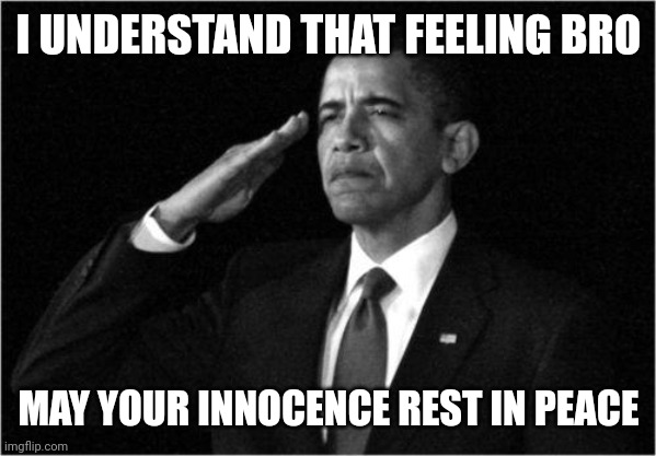 obama-salute | I UNDERSTAND THAT FEELING BRO MAY YOUR INNOCENCE REST IN PEACE | image tagged in obama-salute | made w/ Imgflip meme maker