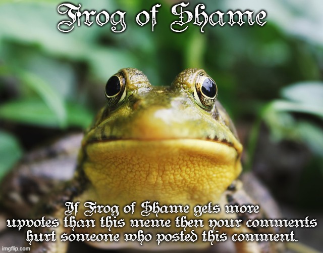 Frog of Shame | Frog of Shame If Frog of Shame gets more upvotes than this meme then your comments hurt someone who posted this comment. | image tagged in frog of shame | made w/ Imgflip meme maker