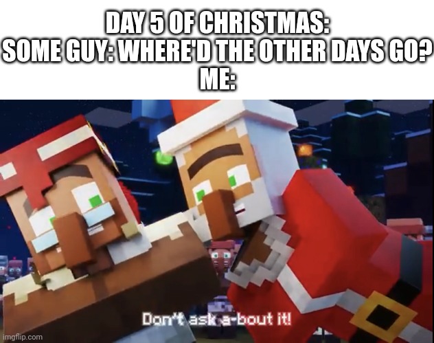 Day 5 of Christmas Posts | DAY 5 OF CHRISTMAS:
SOME GUY: WHERE'D THE OTHER DAYS GO?
ME: | image tagged in don t ask about it,christmas,memes | made w/ Imgflip meme maker