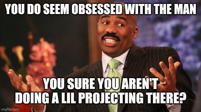 Steve Harvey Meme | YOU DO SEEM OBSESSED WITH THE MAN YOU SURE YOU AREN'T DOING A LIL PROJECTING THERE? | image tagged in memes,steve harvey | made w/ Imgflip meme maker