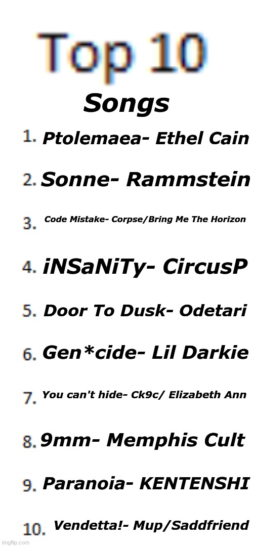 [Shrug] Felt like it | Songs; Ptolemaea- Ethel Cain; Sonne- Rammstein; Code Mistake- Corpse/Bring Me The Horizon; iNSaNiTy- CircusP; Door To Dusk- Odetari; Gen*cide- Lil Darkie; You can't hide- Ck9c/ Elizabeth Ann; 9mm- Memphis Cult; Paranoia- KENTENSHI; Vendetta!- Mup/Saddfriend | image tagged in top 10 list,lgbtq,music | made w/ Imgflip meme maker