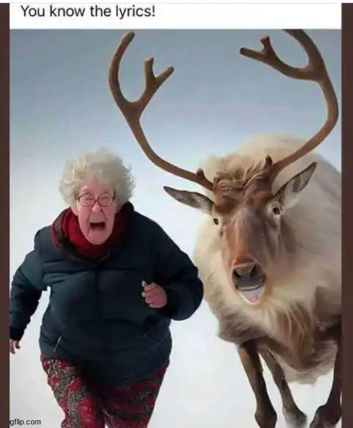 Don't drink too much eggnog... | image tagged in repost,grandma,reindeer,sing,together,christmas songs | made w/ Imgflip meme maker