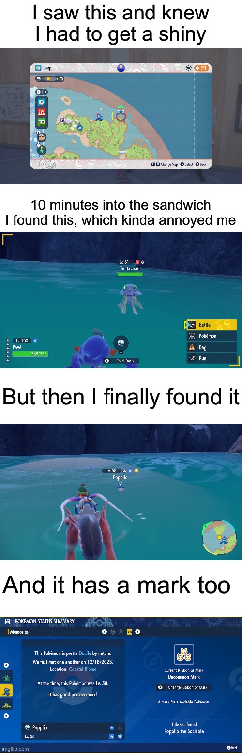 I now have shinies of my 3 favourite Pokémon | I saw this and knew I had to get a shiny; 10 minutes into the sandwich I found this, which kinda annoyed me; But then I finally found it; And it has a mark too | made w/ Imgflip meme maker