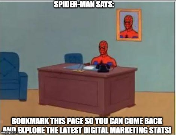 Spiderman Computer Desk Meme | SPIDER-MAN SAYS:; BOOKMARK THIS PAGE SO YOU CAN COME BACK AND EXPLORE THE LATEST DIGITAL MARKETING STATS! | image tagged in memes,spiderman computer desk,spiderman | made w/ Imgflip meme maker