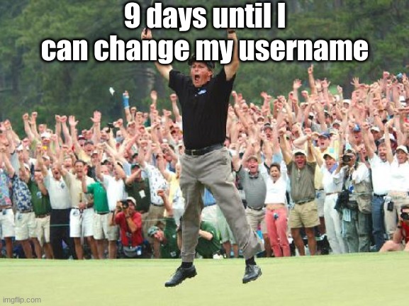 Golf celebration | 9 days until I can change my username | image tagged in golf celebration | made w/ Imgflip meme maker