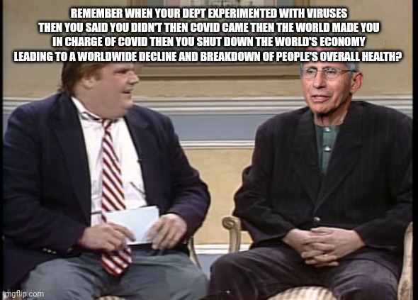 Chris Farley Show Dr. Fauci | REMEMBER WHEN YOUR DEPT EXPERIMENTED WITH VIRUSES THEN YOU SAID YOU DIDN'T THEN COVID CAME THEN THE WORLD MADE YOU IN CHARGE OF COVID THEN YOU SHUT DOWN THE WORLD'S ECONOMY LEADING TO A WORLDWIDE DECLINE AND BREAKDOWN OF PEOPLE'S OVERALL HEALTH? | image tagged in chris farley show dr fauci | made w/ Imgflip meme maker