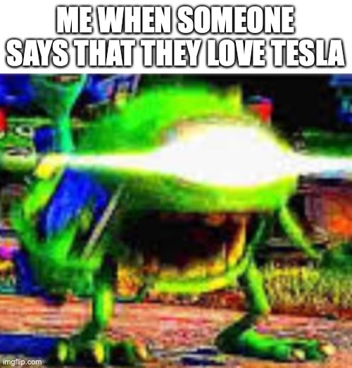 Car guys hate Tesla | ME WHEN SOMEONE SAYS THAT THEY LOVE TESLA | image tagged in mike wazowski | made w/ Imgflip meme maker
