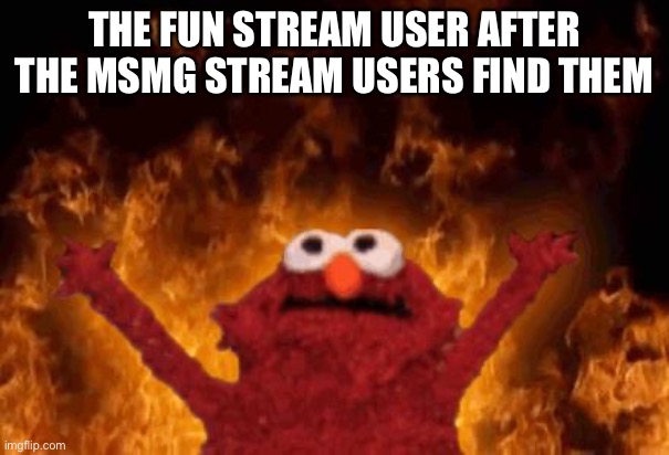 elmo maligno | THE FUN STREAM USER AFTER THE MSMG STREAM USERS FIND THEM | image tagged in elmo maligno | made w/ Imgflip meme maker