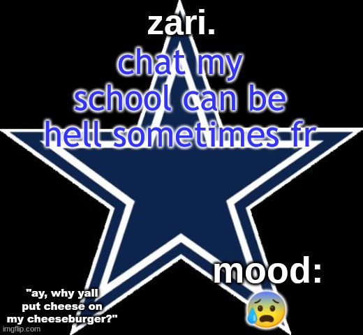 zari.'s Dallas Cowboys announcement temp | chat my school can be hell sometimes fr; 😰 | image tagged in zari 's dallas cowboys announcement temp | made w/ Imgflip meme maker