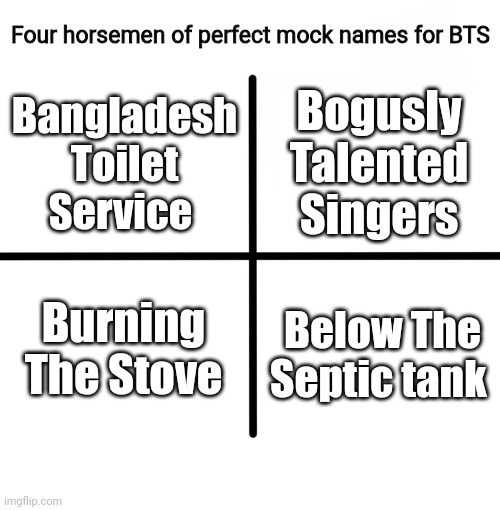 BTS more like BTAsshole | Four horsemen of perfect mock names for BTS; Bogusly Talented Singers; Bangladesh Toilet Service; Burning The Stove; Below The Septic tank | image tagged in memes,blank starter pack,bts,funny | made w/ Imgflip meme maker