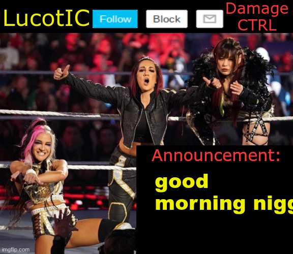 . | good morning nigg | image tagged in lucotic's damage ctrl announcement temp | made w/ Imgflip meme maker