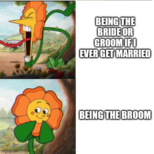 Cuphead Flower | BEING THE BRIDE OR GROOM IF I EVER GET MARRIED; BEING THE BROOM | image tagged in cuphead flower,egg_irl | made w/ Imgflip meme maker