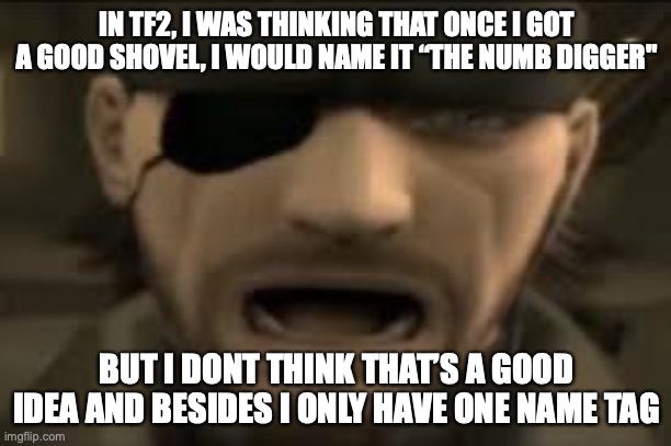 random rant | IN TF2, I WAS THINKING THAT ONCE I GOT A GOOD SHOVEL, I WOULD NAME IT “THE NUMB DIGGER"; BUT I DONT THINK THAT’S A GOOD IDEA AND BESIDES I ONLY HAVE ONE NAME TAG | image tagged in naked snake scream | made w/ Imgflip meme maker