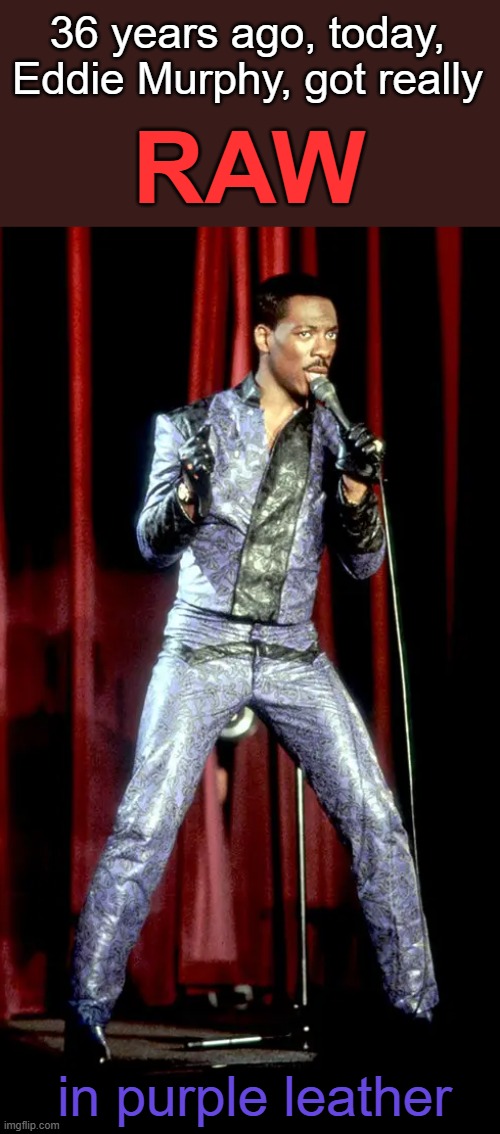 It's not, Delirious, but still funny and quotable, to this day. | 36 years ago, today, Eddie Murphy, got really; RAW; in purple leather | image tagged in eddie murphy,raw,anniversary,1980s,stand up,film | made w/ Imgflip meme maker