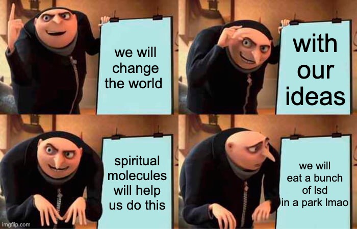 the plan | we will change the world; with our ideas; spiritual molecules will help us do this; we will eat a bunch of lsd in a park lmao | image tagged in memes,gru's plan,drugs | made w/ Imgflip meme maker