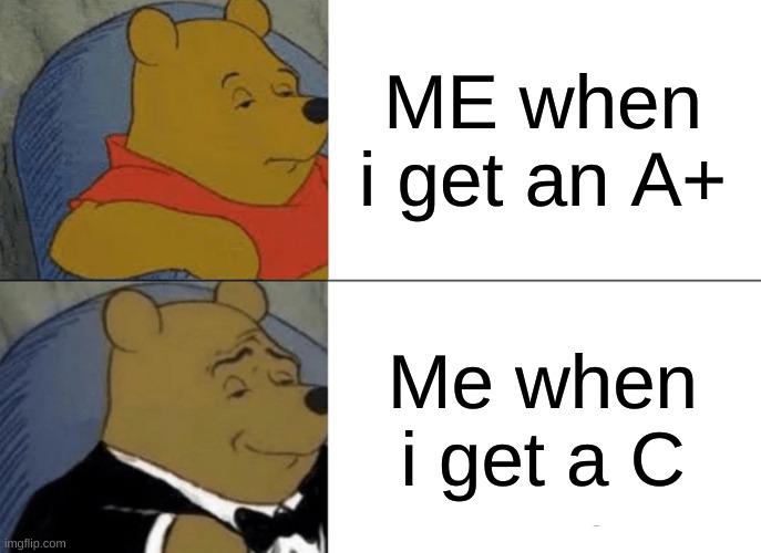 Tuxedo Winnie The Pooh | ME when i get an A+; Me when i get a C | image tagged in memes,tuxedo winnie the pooh | made w/ Imgflip meme maker