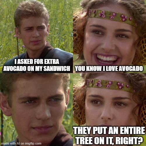Anakin Padme 4 Panel | I ASKED FOR EXTRA AVOCADO ON MY SANDWICH; YOU KNOW I LOVE AVOCADO; THEY PUT AN ENTIRE TREE ON IT, RIGHT? | image tagged in anakin padme 4 panel | made w/ Imgflip meme maker