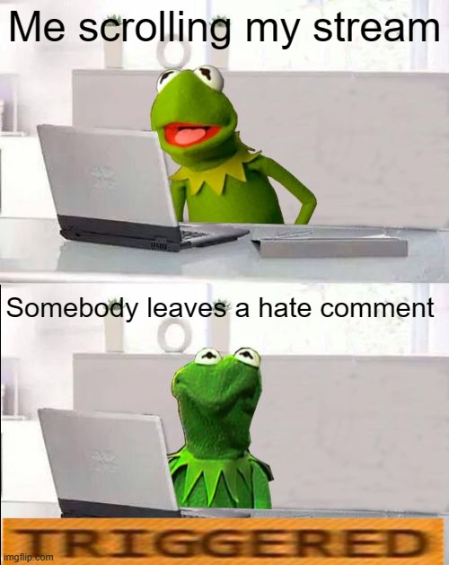 good | Me scrolling my stream; Somebody leaves a hate comment | image tagged in hide the pain kermit | made w/ Imgflip meme maker